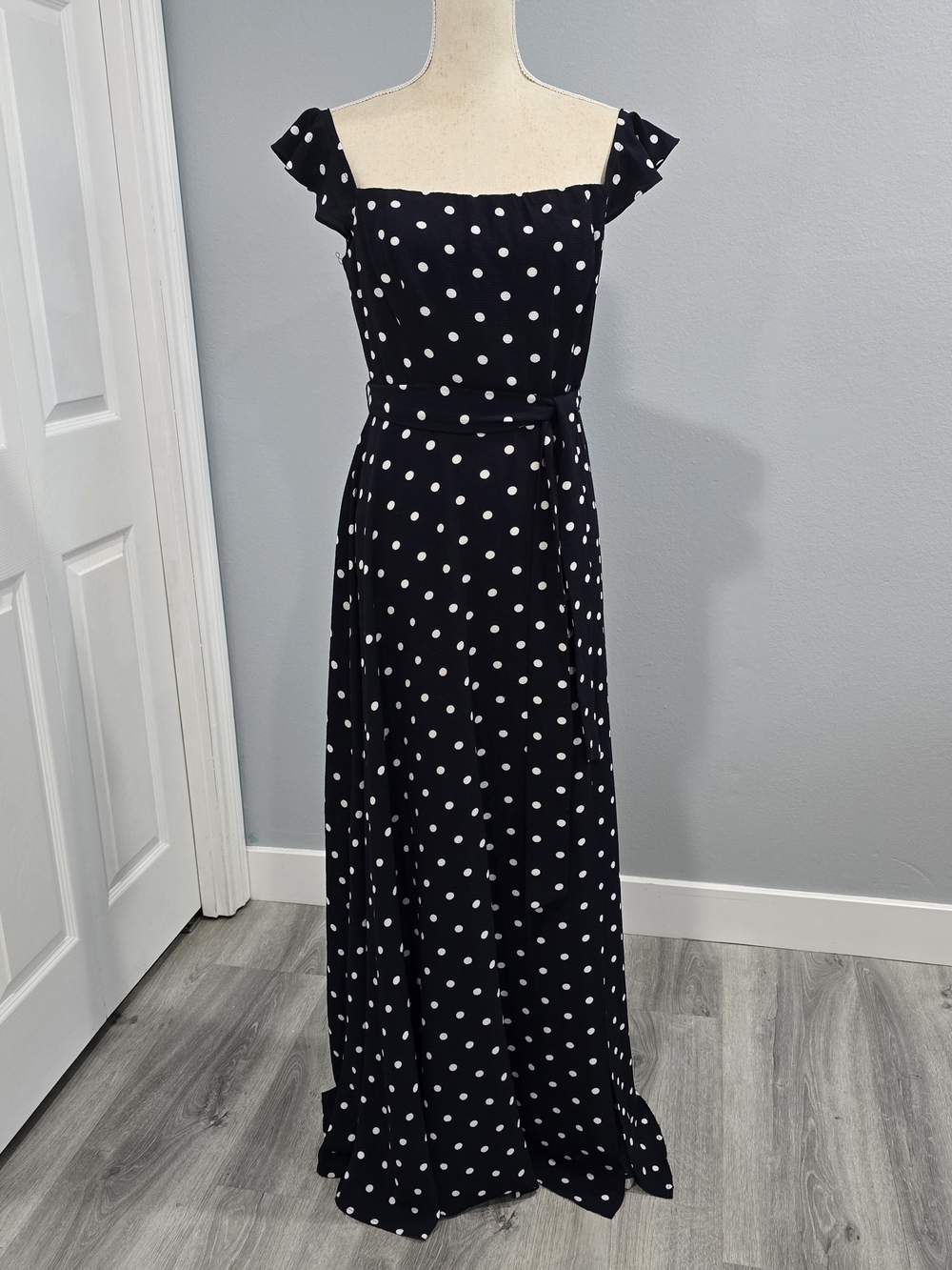 Premier Navy White Polka Dot Off-Shoulder Maxi Dress